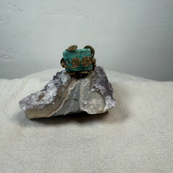 The Unbranded Brand Jewelry - Handmade Natural Turquoise Square Gemstone Wire Wrapped Statement Ring Size 6